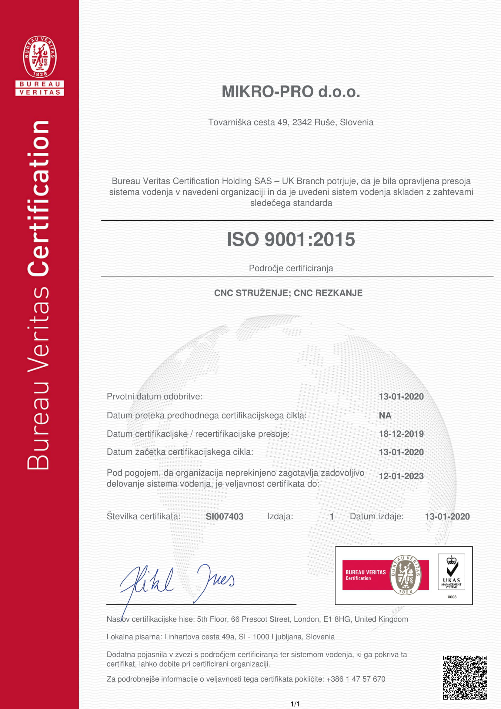 ISO 9001:2015 SI007403