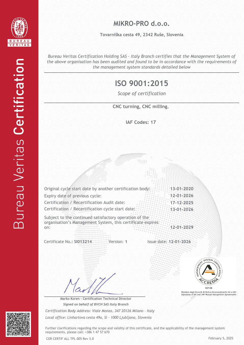 ISO 9001:2015 SI013214