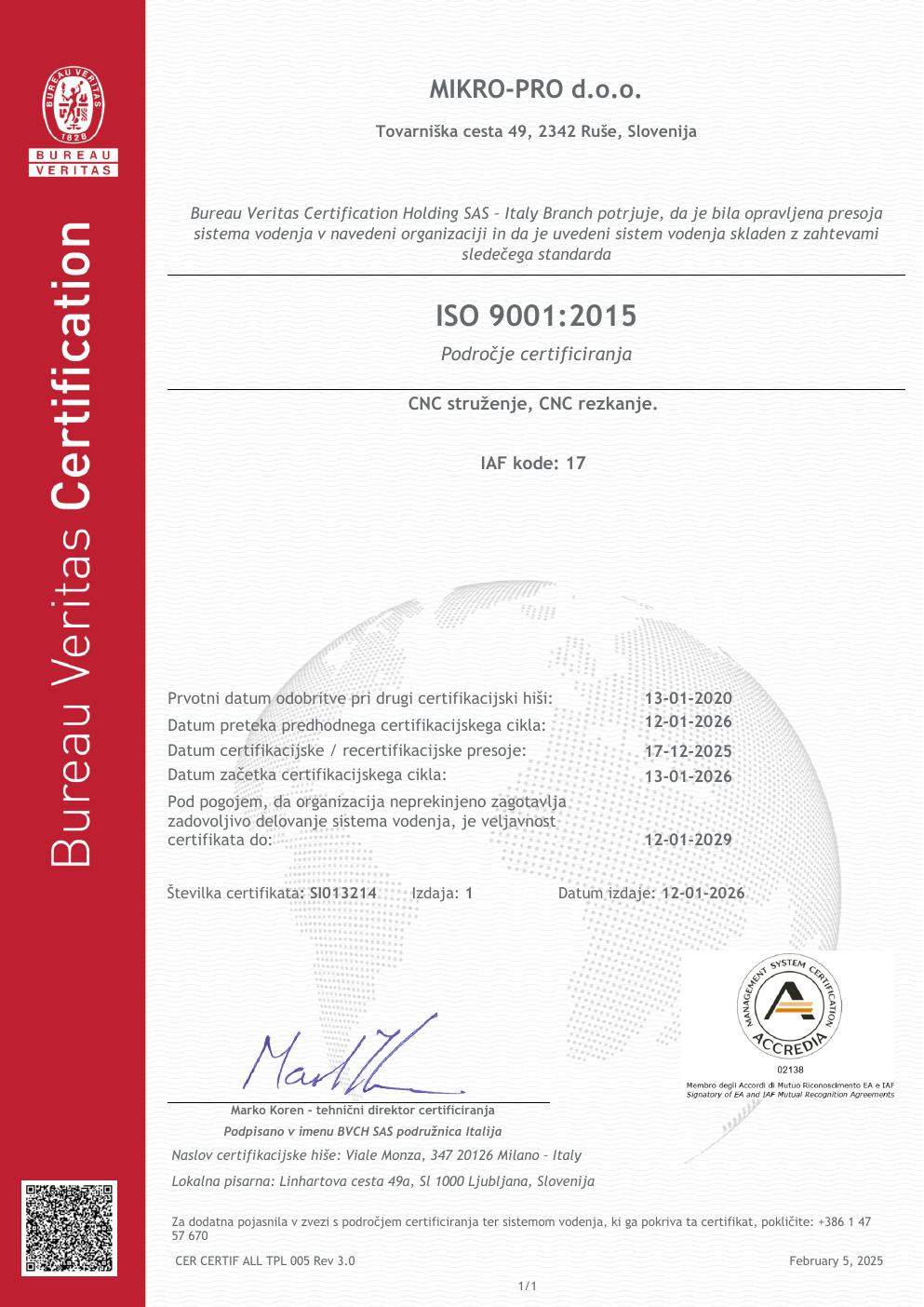 ISO 9001:2015 SI013214